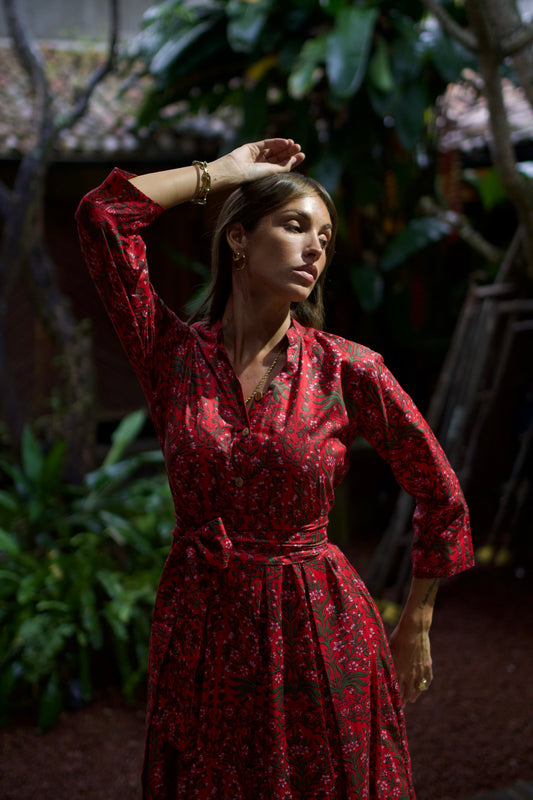 Box Pleated Maxi Dress - Red Floral