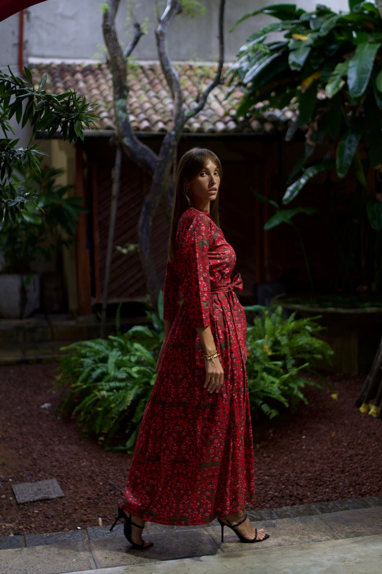 Box Pleated Maxi Dress - Red Floral