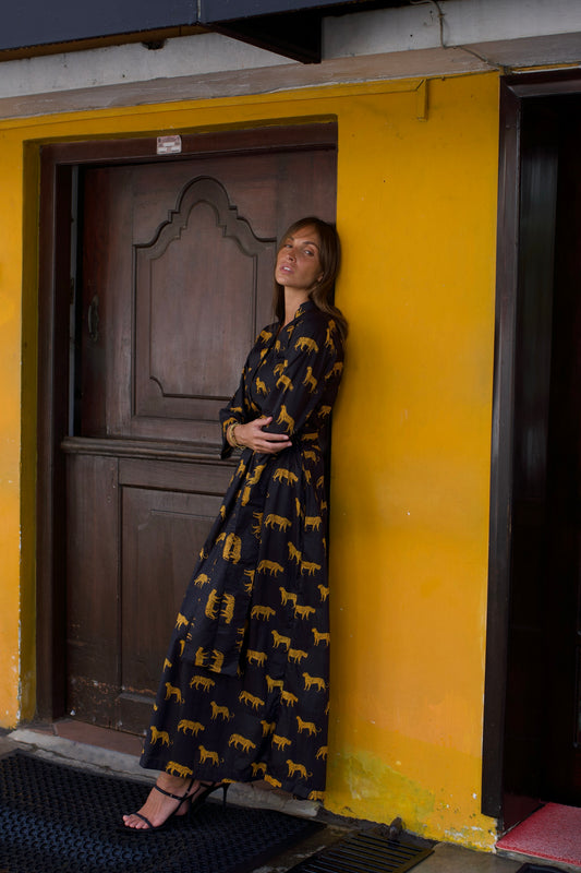 Box Pleated Maxi Dress - Leopard - Black