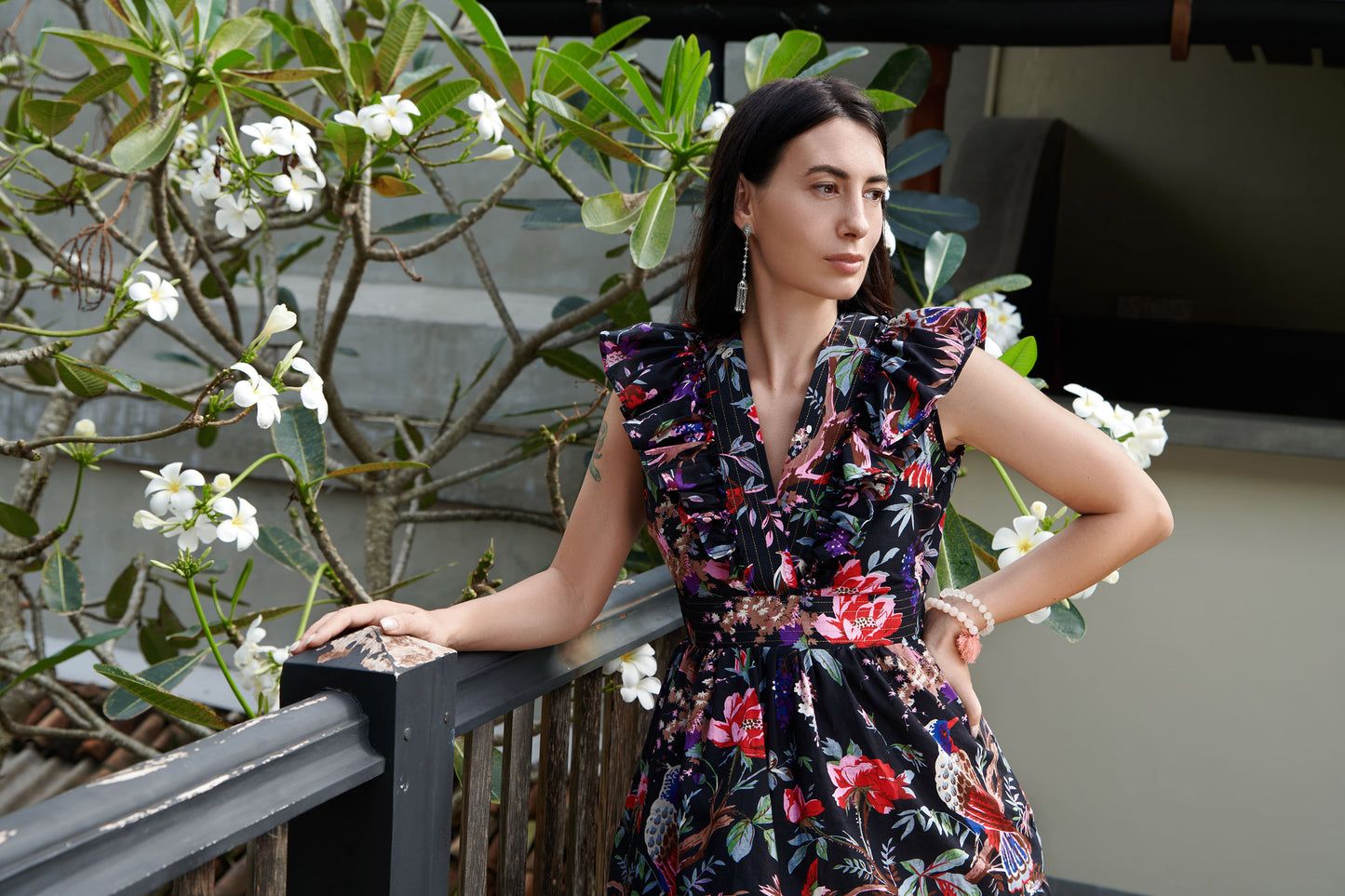 Ruffle Dress- Gold-Stitched- Bird of Paradise - Black
