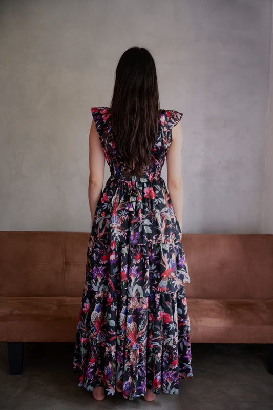 Ruffle Dress- Gold-Stitched- Bird of Paradise - Black