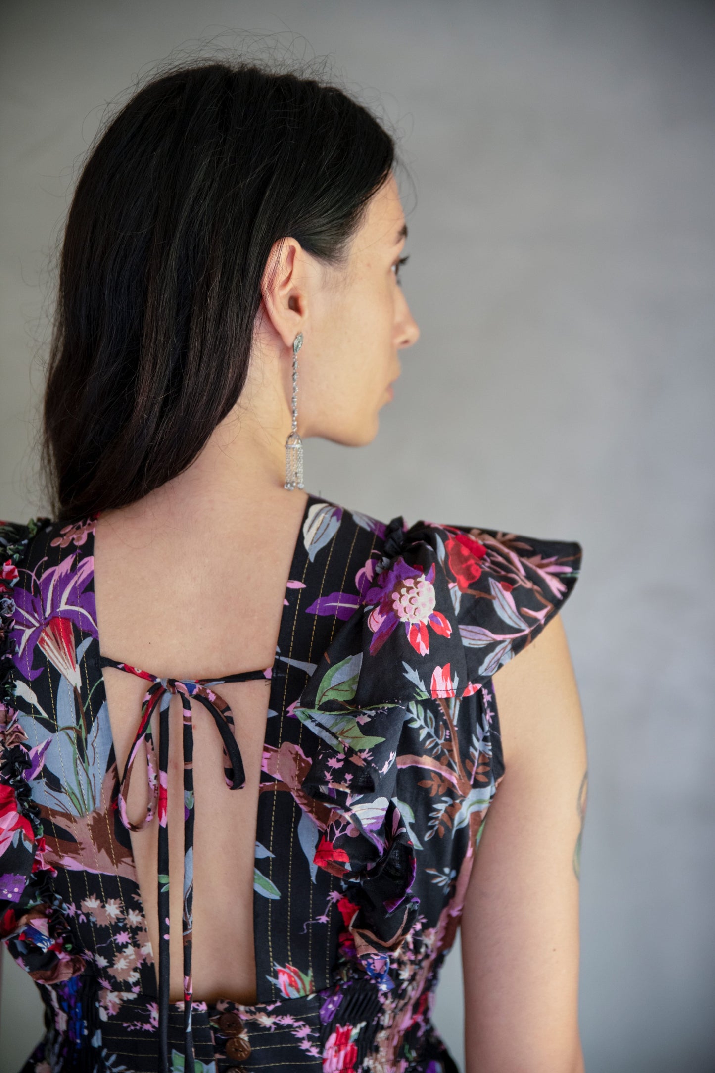 Ruffle Dress- Gold-Stitched- Bird of Paradise - Black