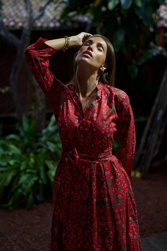 Box Pleated Maxi Dress - Red Floral