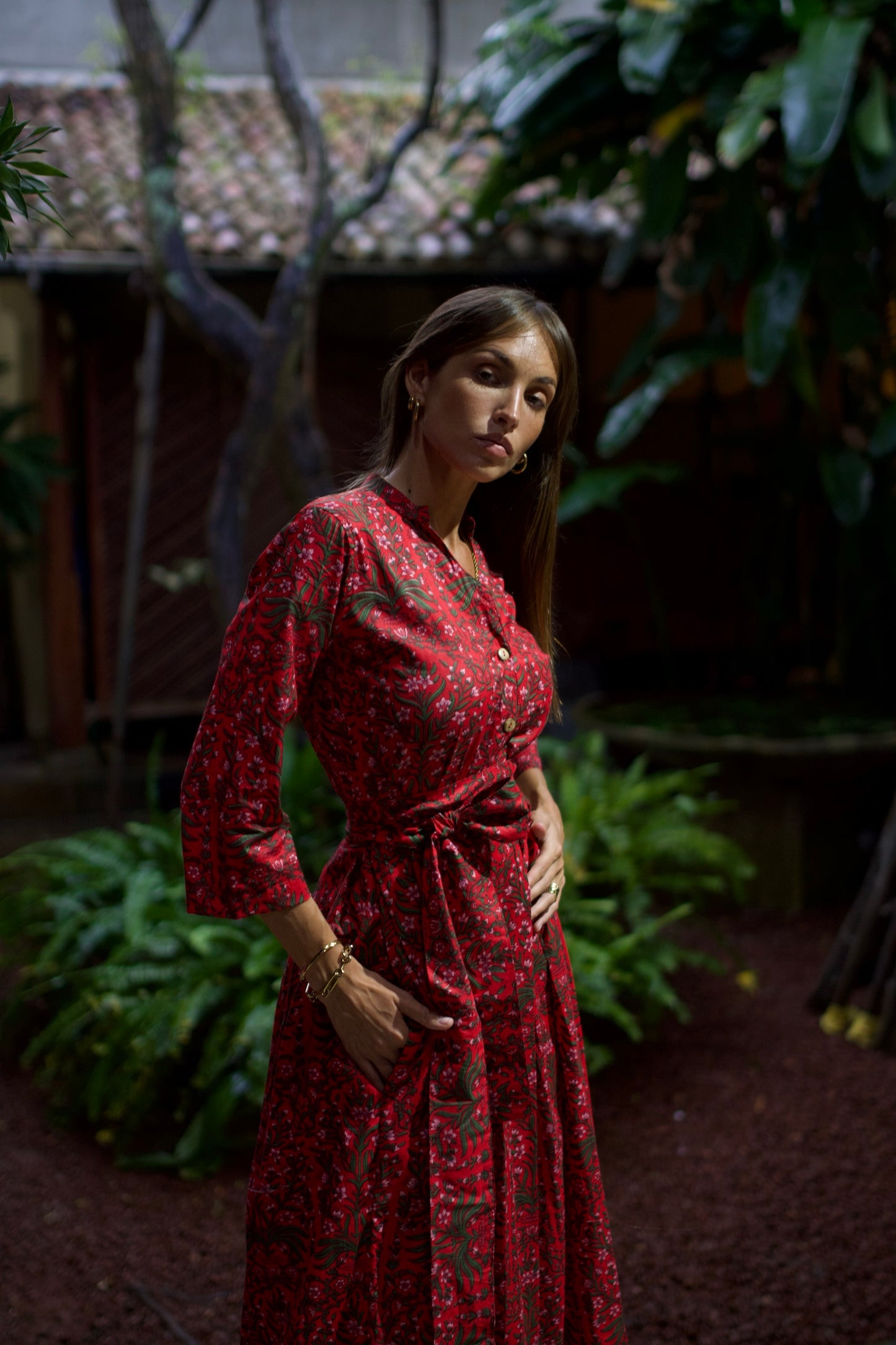 Box Pleated Maxi Dress - Red Floral