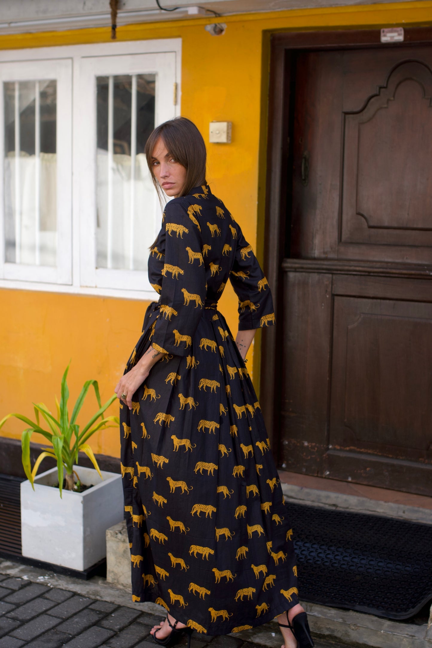 Box Pleated Maxi Dress - Leopard - Black