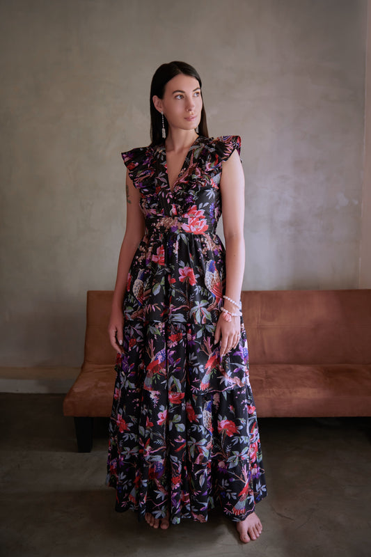 Ruffle Dress- Gold-Stitched- Bird of Paradise - Black